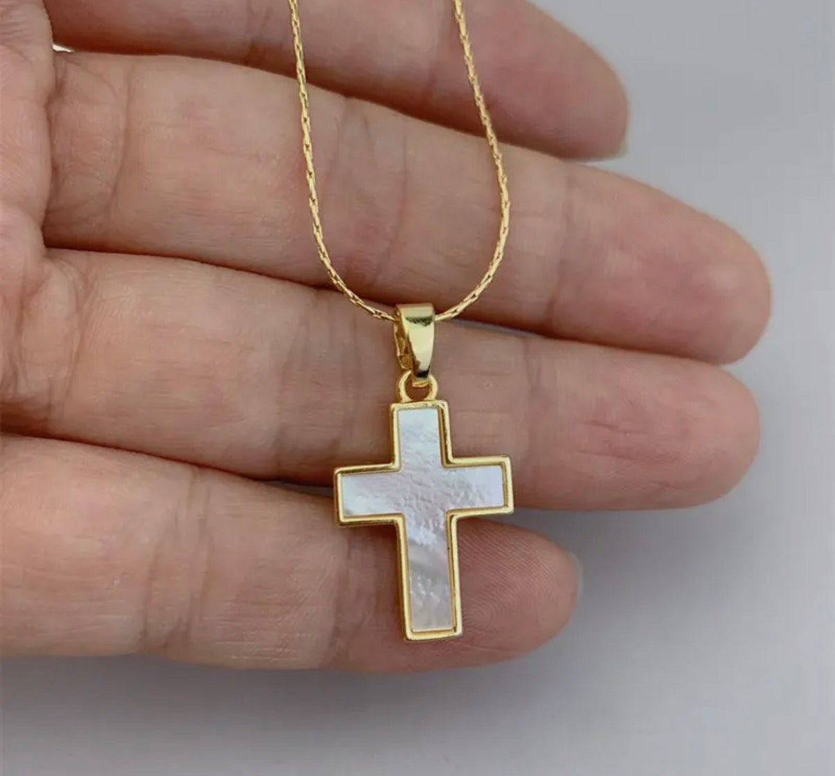 Gold Mother of Pearl Cross Pendant Necklace in Solid Copper