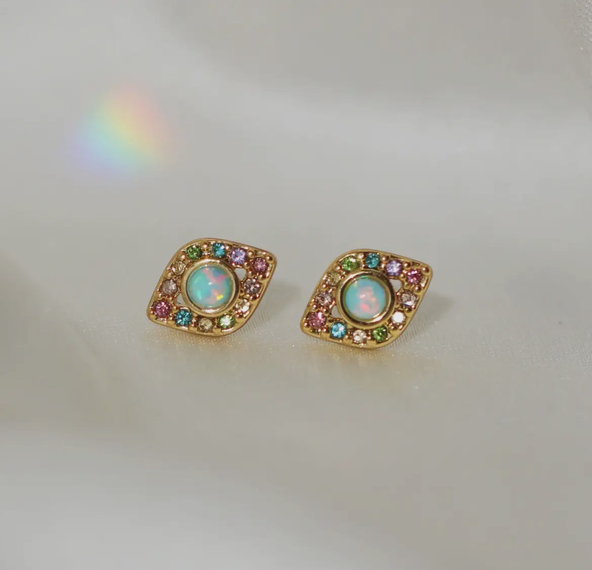 Evil Eye Stud Earrings, Opal & Pastel Pave