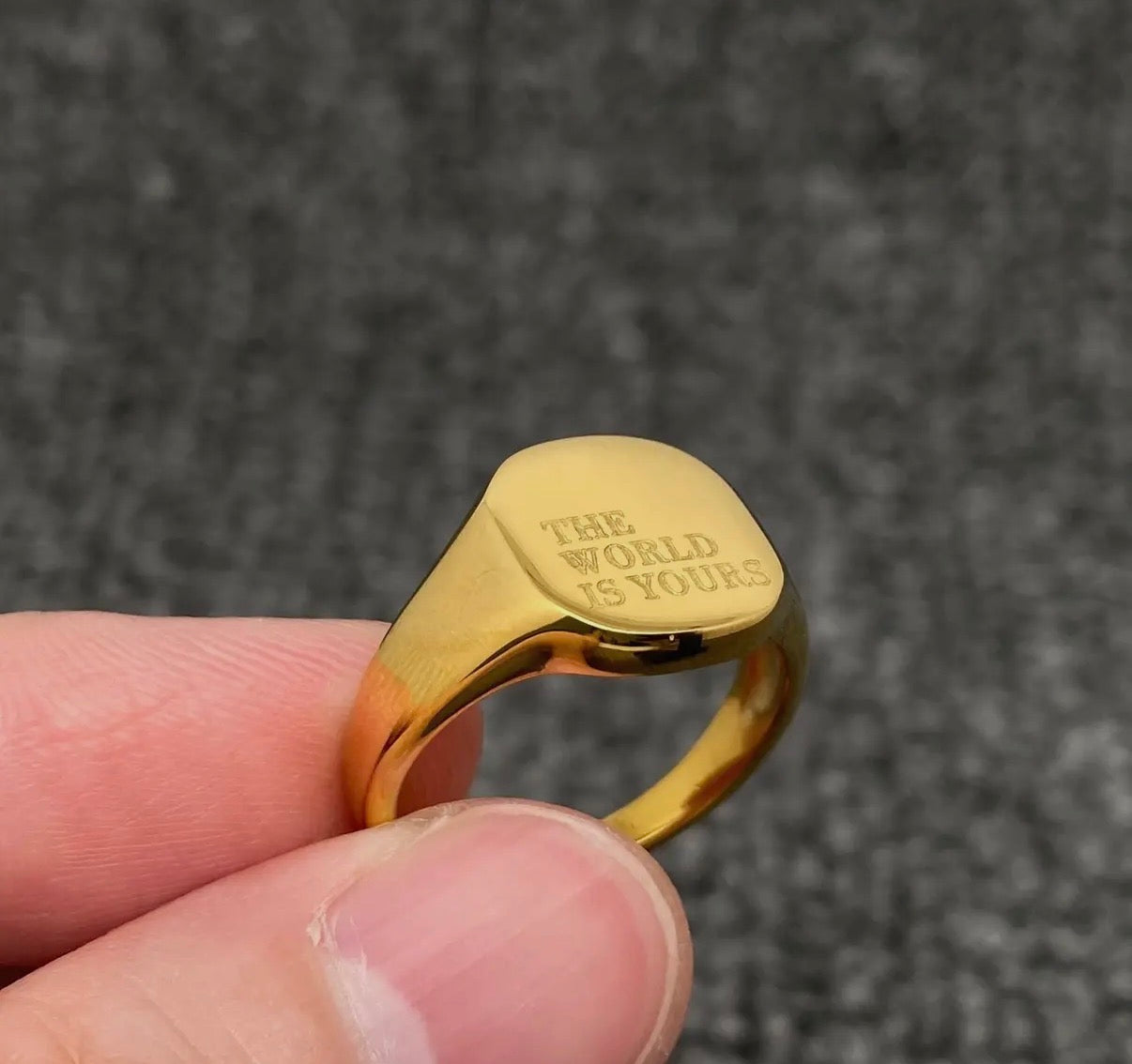 The Wolrd Is Yours 18K Golden Ss Glossy Square Ring