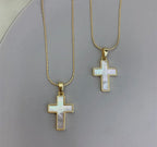 Gold Mother of Pearl Cross Pendant Necklace in Solid Copper