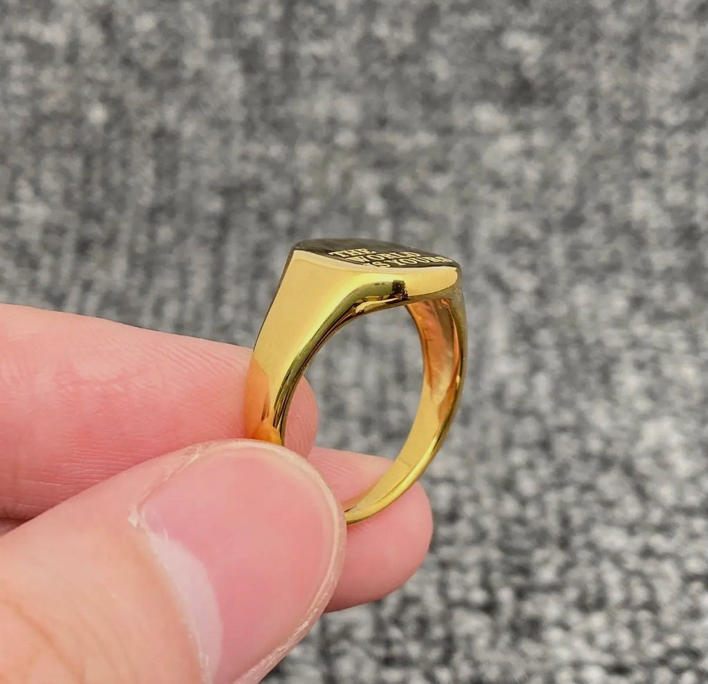 The Wolrd Is Yours 18K Golden Ss Glossy Square Ring
