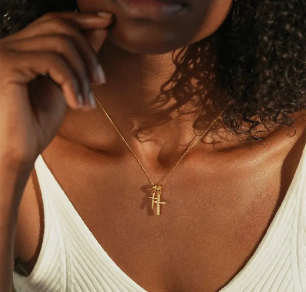 Gold Double Cross Pendant Necklace in 925 Sterling Silver