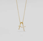 Gold Double Cross Pendant Necklace in 925 Sterling Silver
