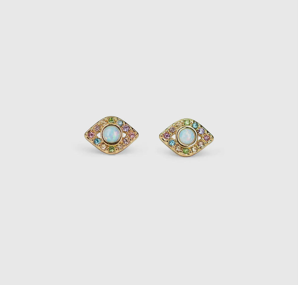 Evil Eye Stud Earrings, Opal & Pastel Pave