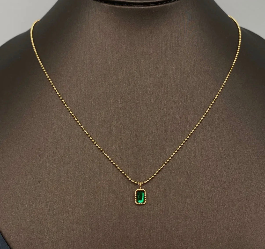 Small Square Green Glass Pendant Gold- Plated Necklace