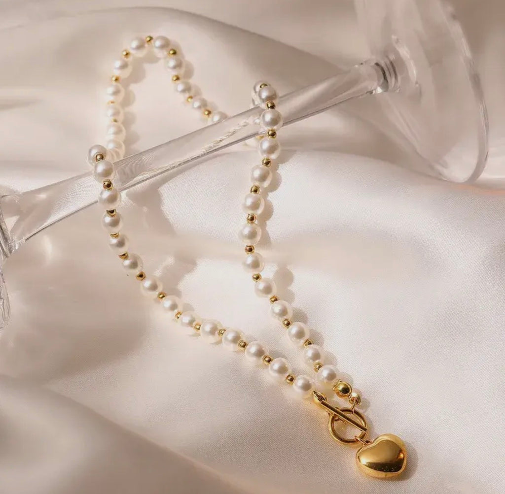 Heart Pendant with Pearl and Gold Chain Necklace