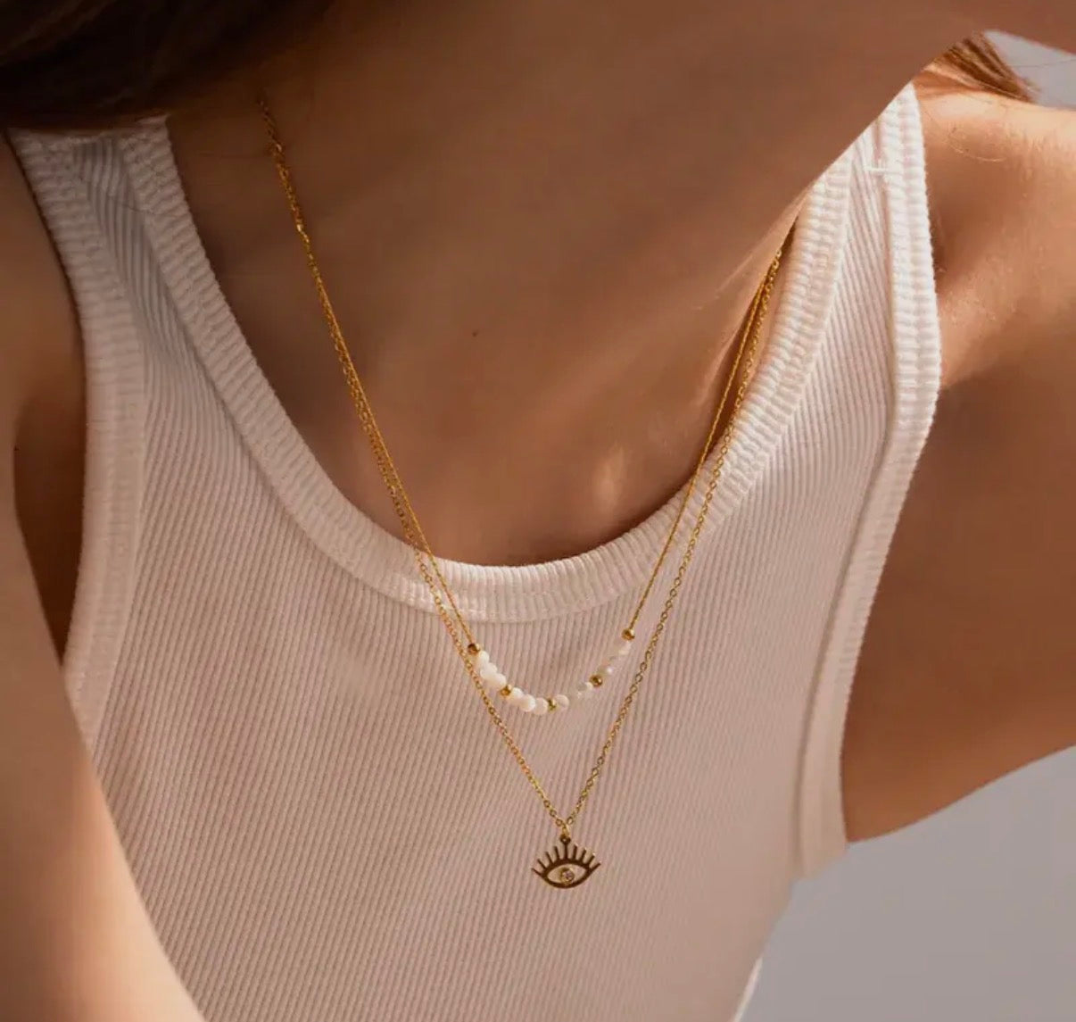 Evil Eye Gold Plated Stainless Steel Layered Necklace