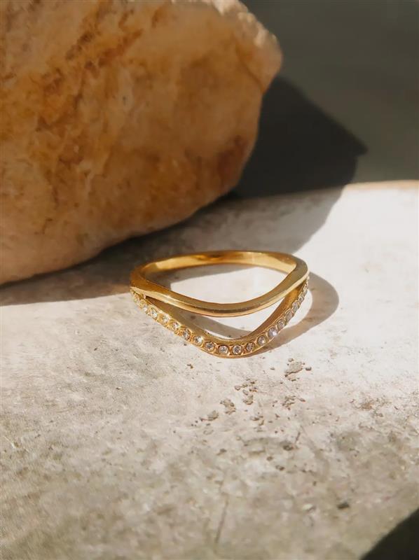 Orleans 18K Gold Non Tarnish Layered V Rhinestone Ring