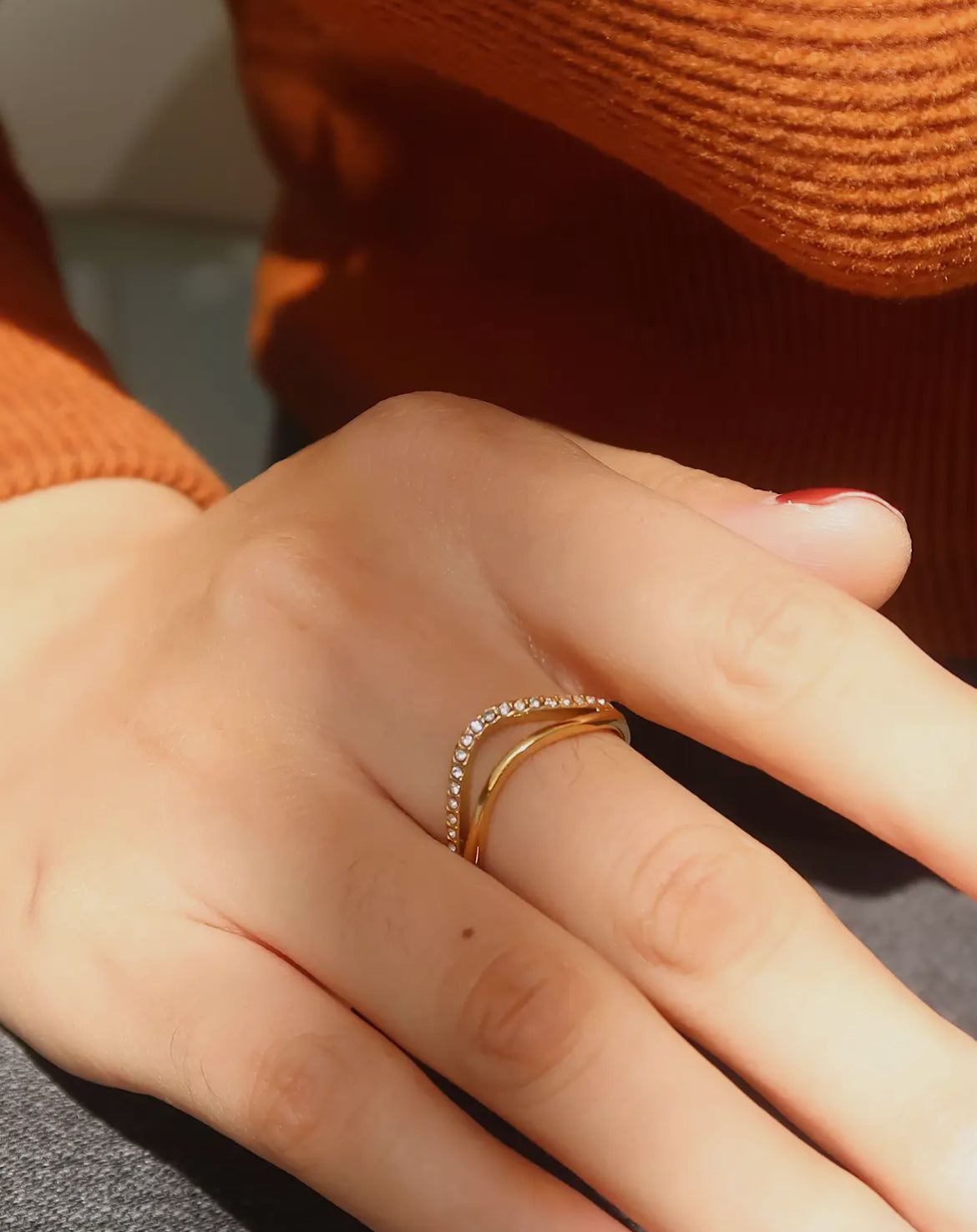 Orleans 18K Gold Non Tarnish Layered V Rhinestone Ring